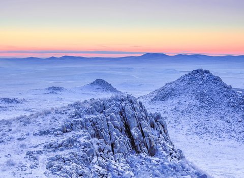 Snow-covered mountains, twilight, blue