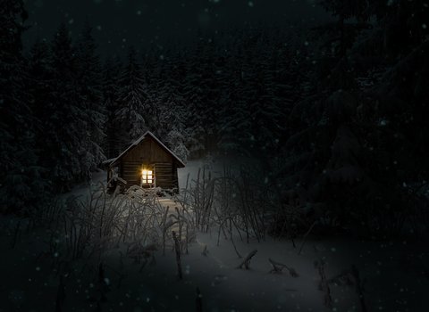 Winterhuette Wald Nacht